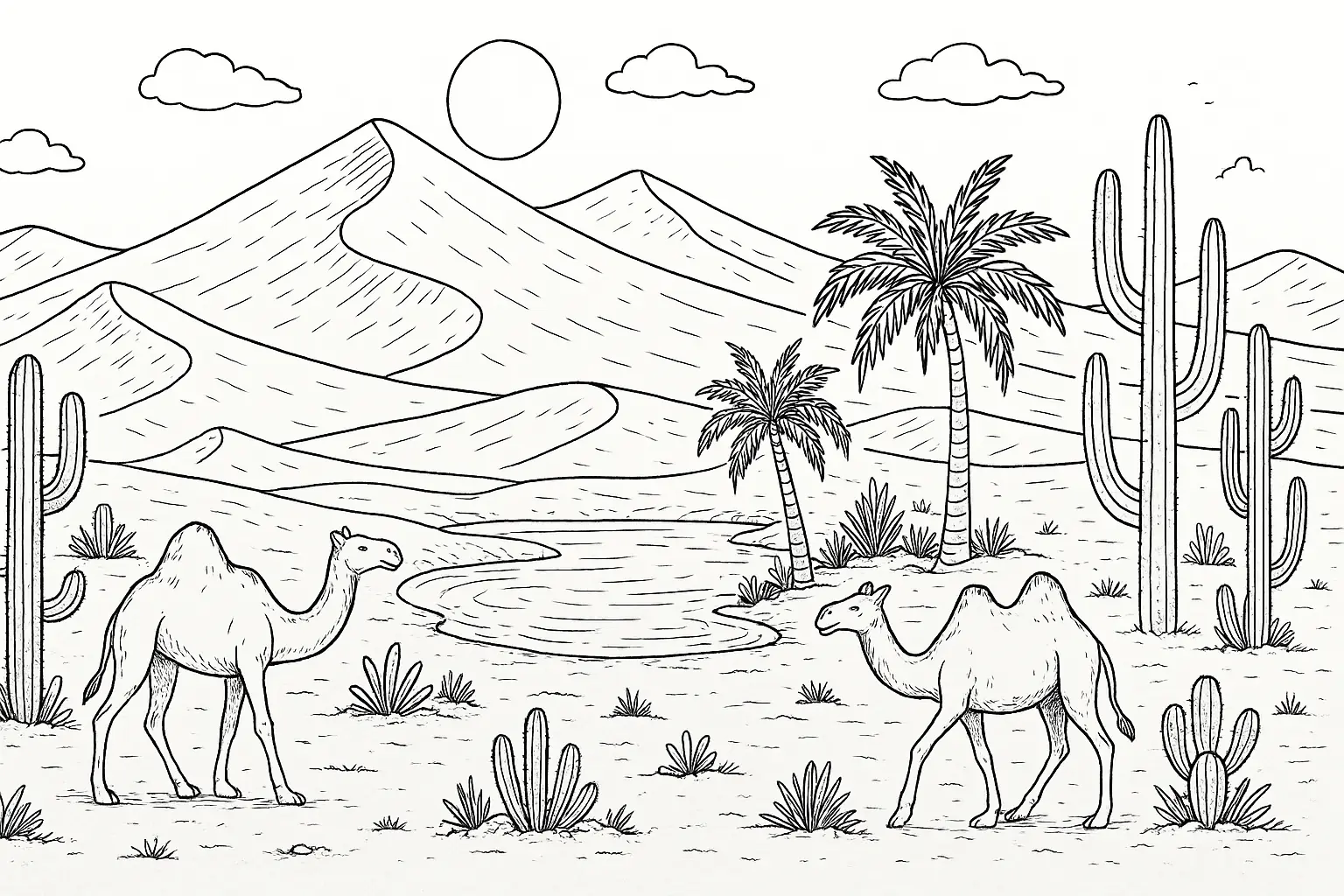 Desert Coloring Page: Oasis, Cacti, and Camels to Print