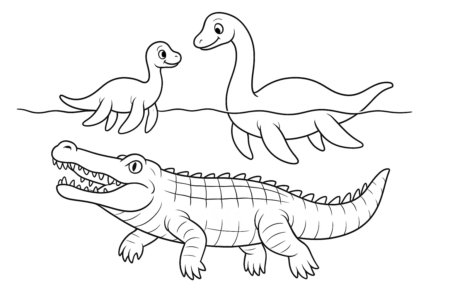 Dino Coloring Page: Plesiosaur with Ancient Crocodile