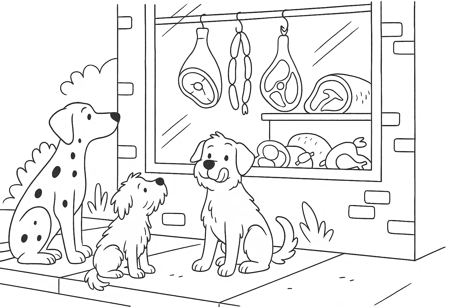 Dogs Outside a Butcher’s Shop – Free Coloring Page for Kids