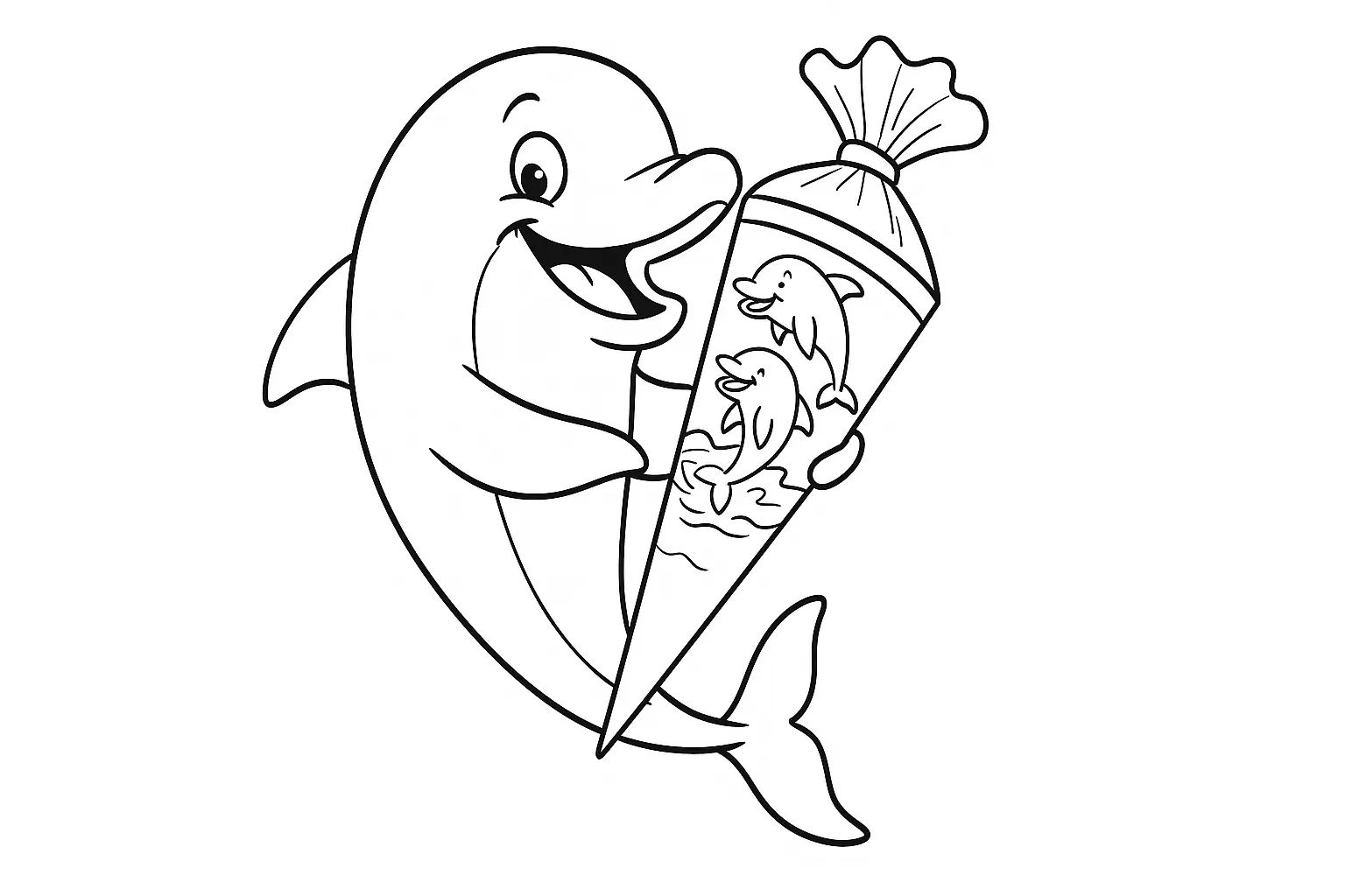 Dolphin with School Cone – Back-to-School Coloring Page