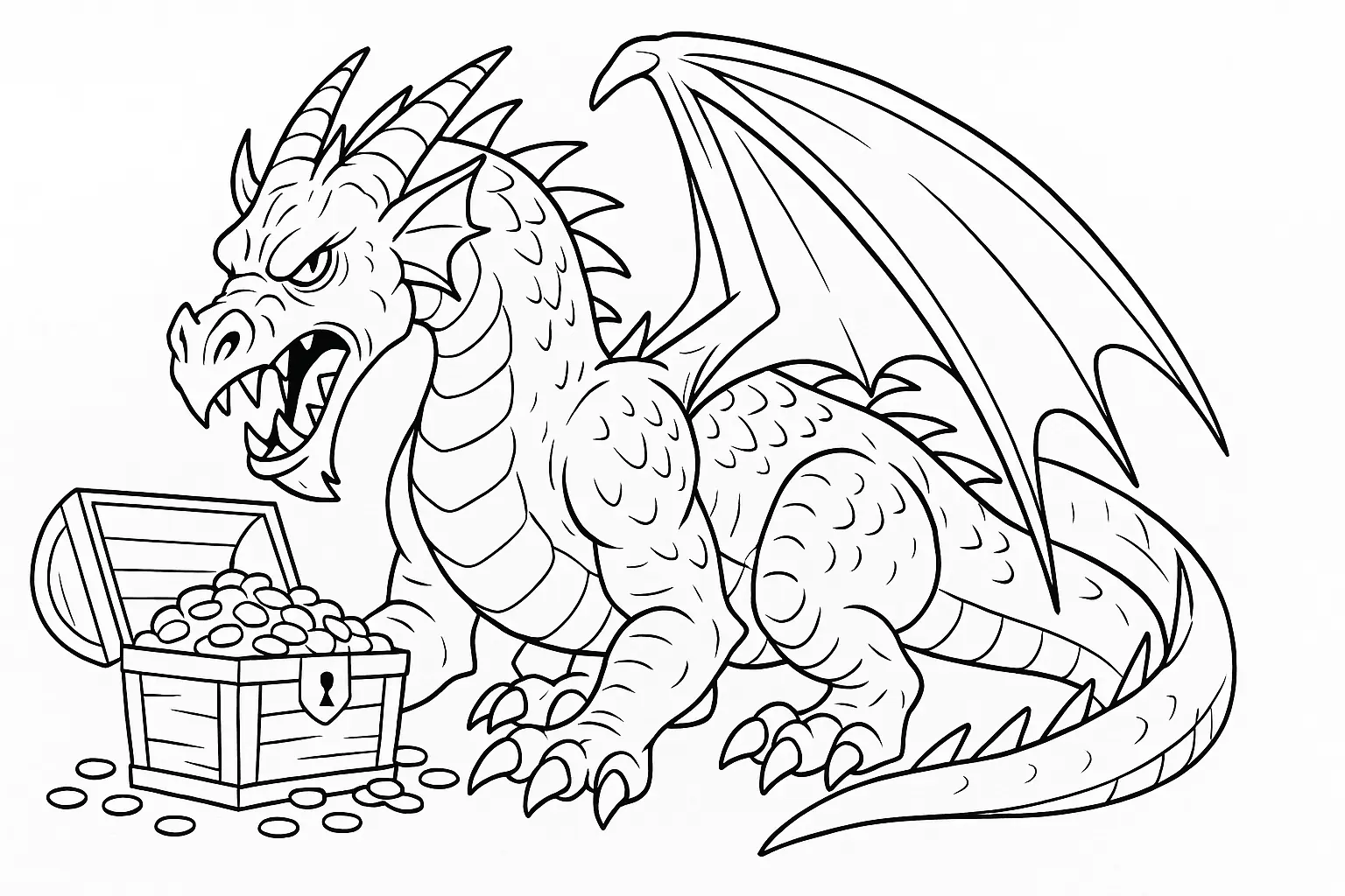 Dragon Coloring Page – Free Template With Treasure Chest