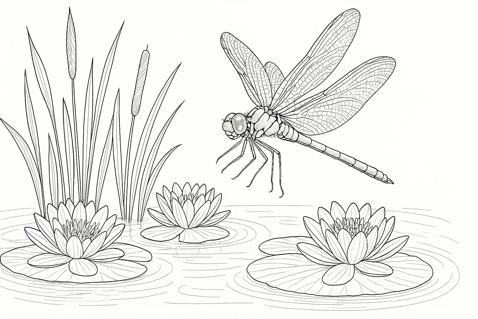 Dragonfly with Water Lilies – Free Coloring Page