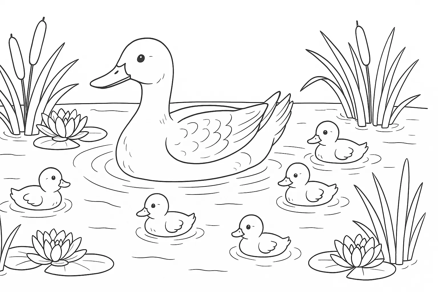 Duck Coloring Page: Mother Duck With Ducklings in a Pond