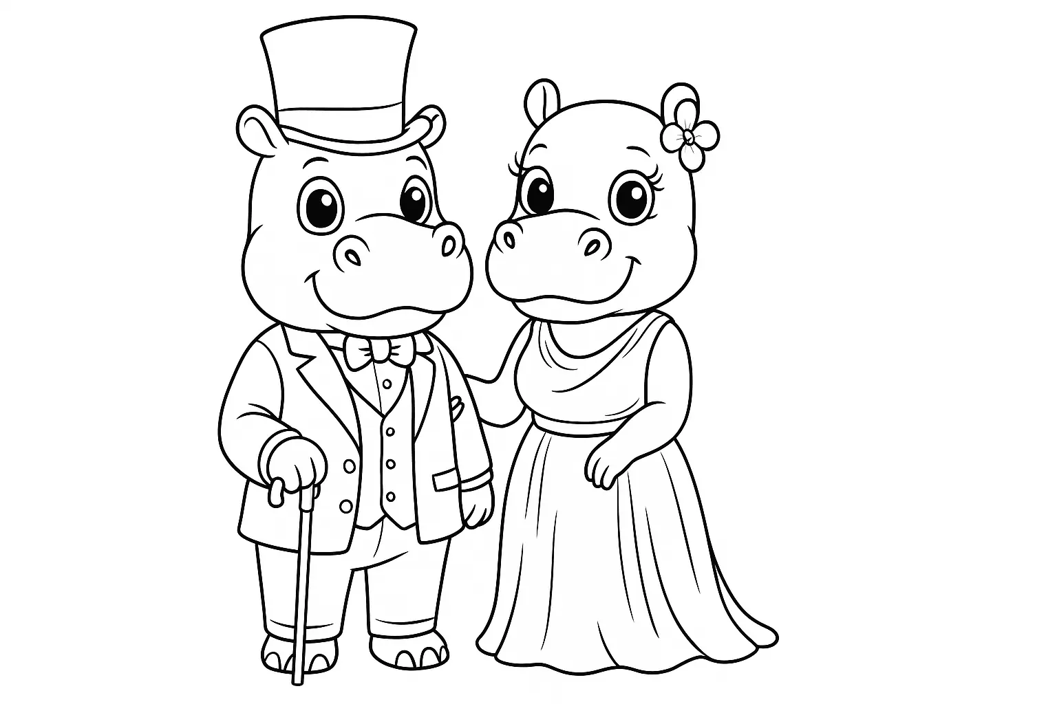 Elegant Hippo Couple: PDF Coloring Page with Tux & Dress