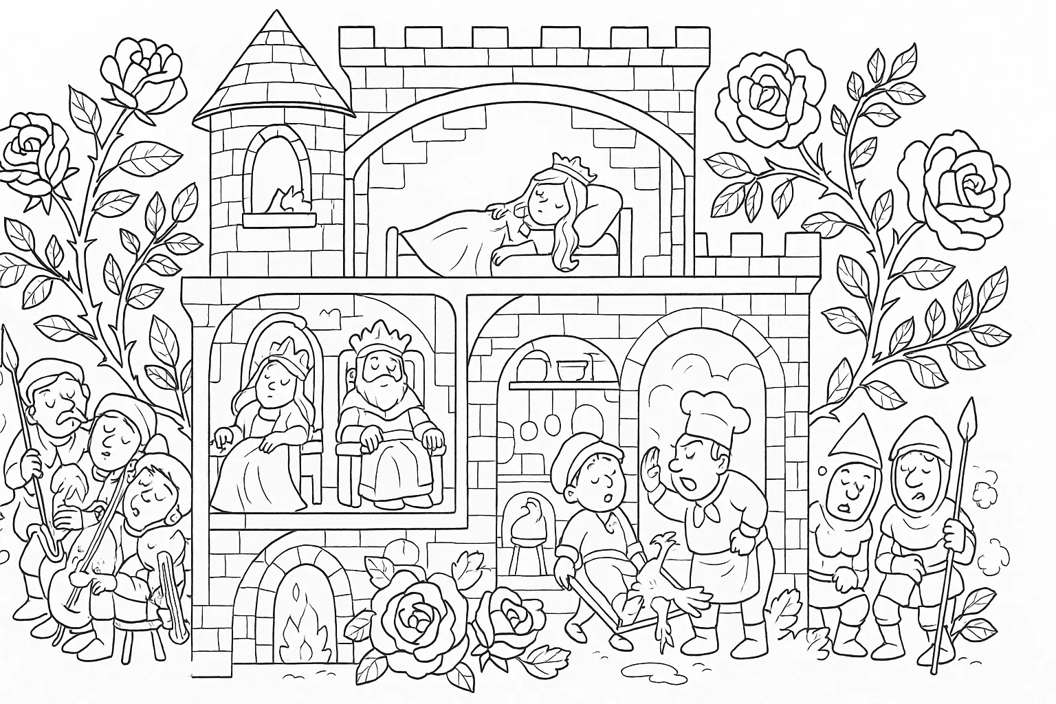 Enchanted Castle – Coloring Page with Sleeping Beauty
