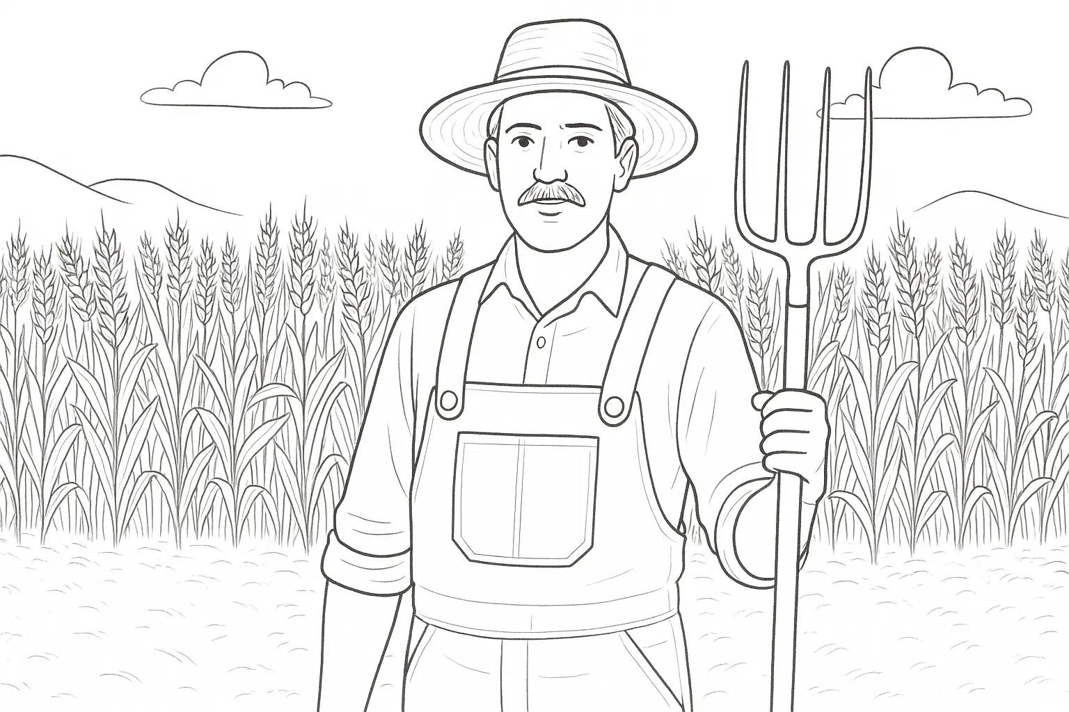 Farmer with Pitchfork in Front of Wheat Field