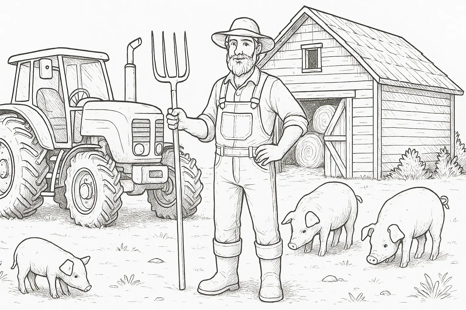Farmer with Tractor, Barn, and Pigs
