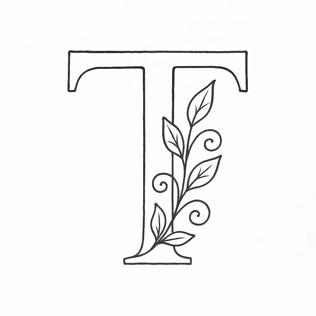 Floral Alphabet – Letter T with Leaf Ornament