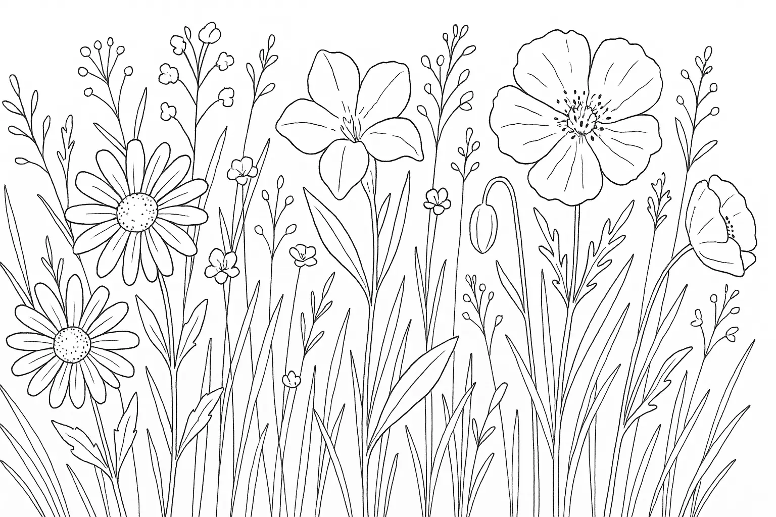 Flower Meadow Coloring Page – Free Template for Kids (PDF)