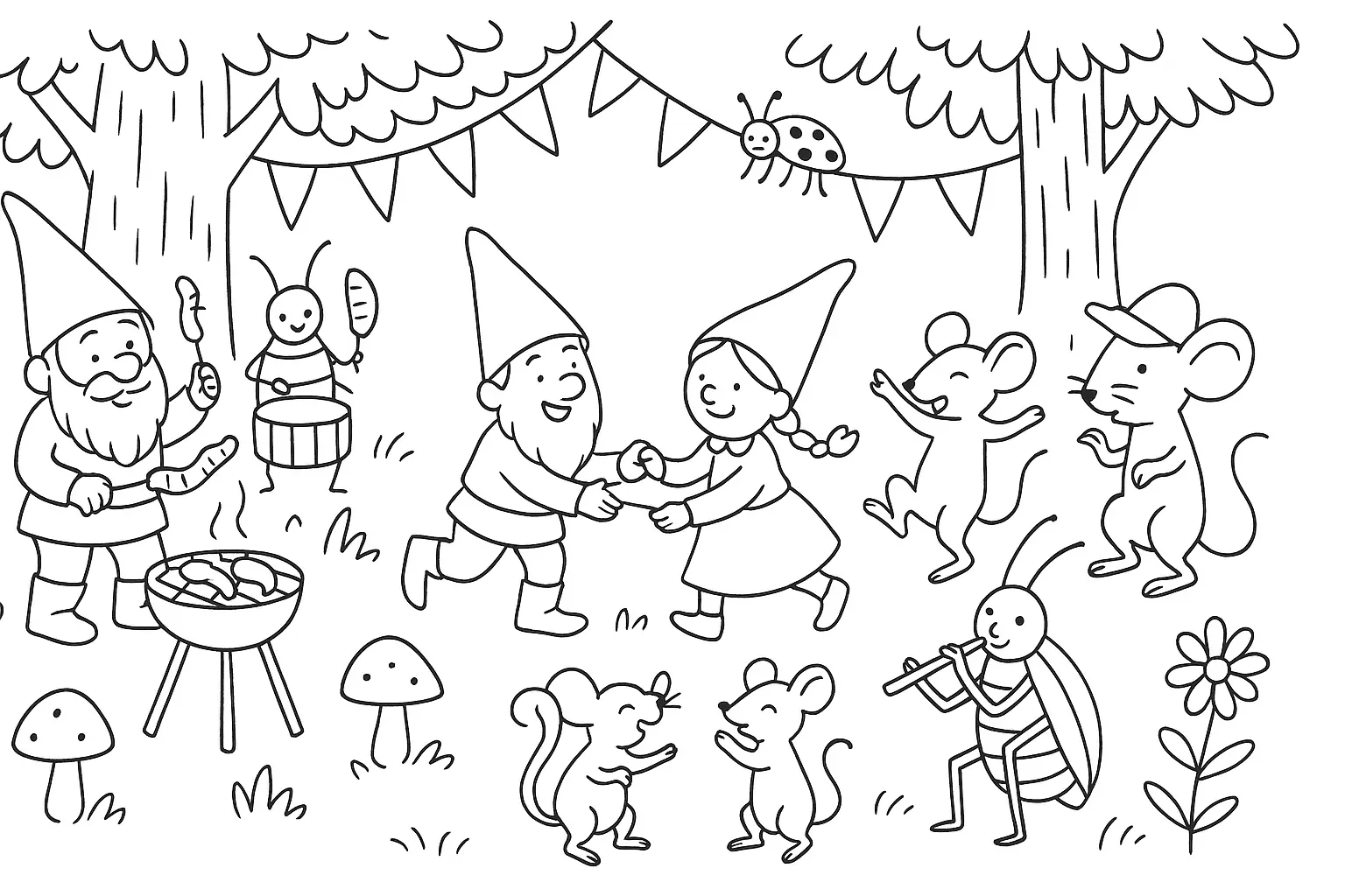 Forest Gnomes’ Party in the Woods – Free Coloring Page