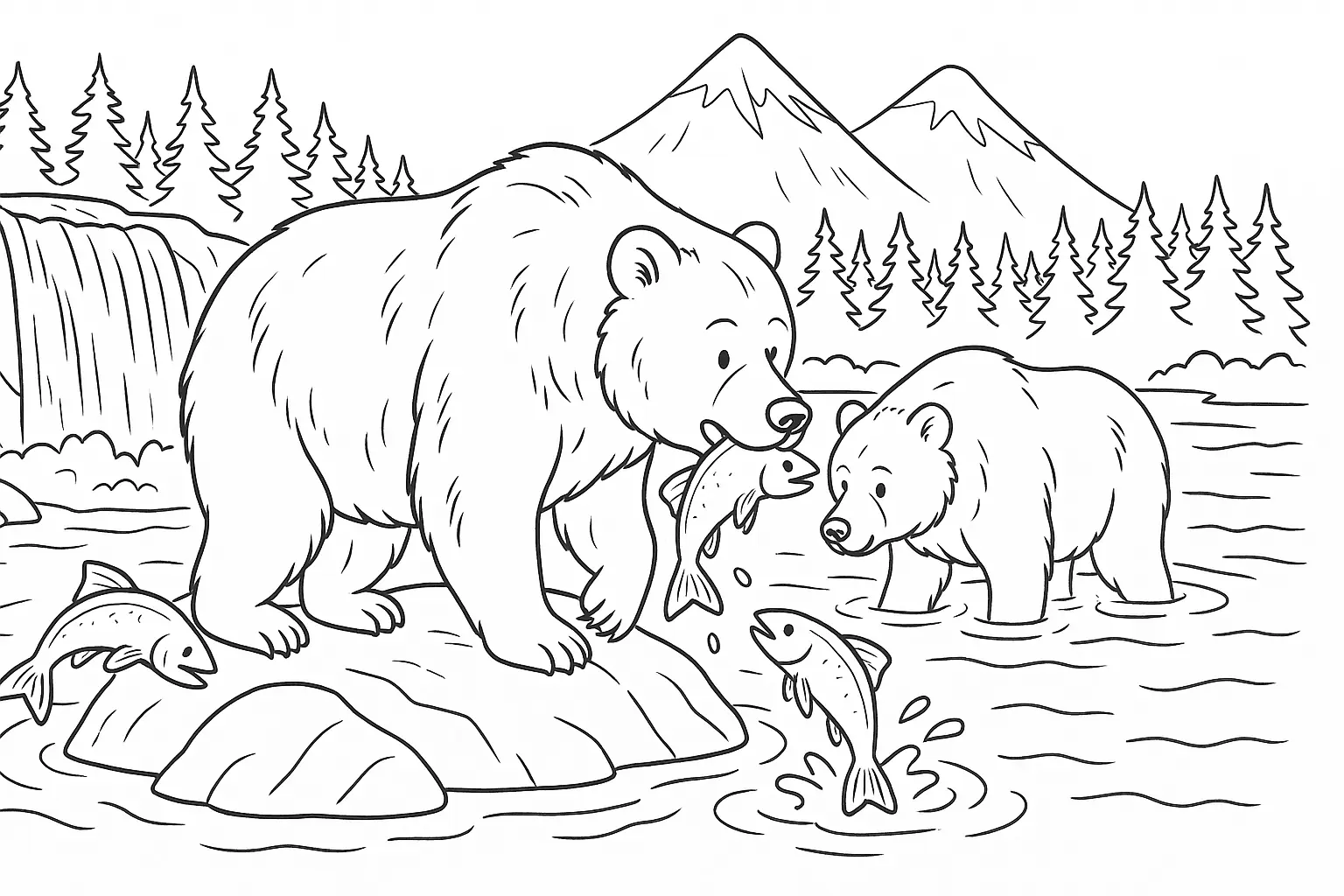 Free Coloring Page: Bears Catching Fish in the River