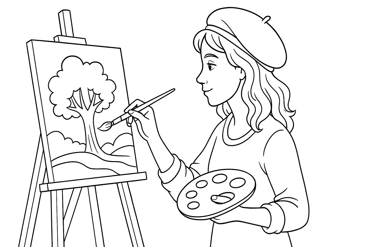 Free Coloring Page – Female Artist Painting a Picture