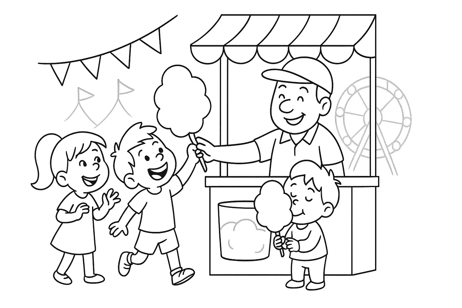 Free Coloring Page: Kids at the Cotton Candy Stand