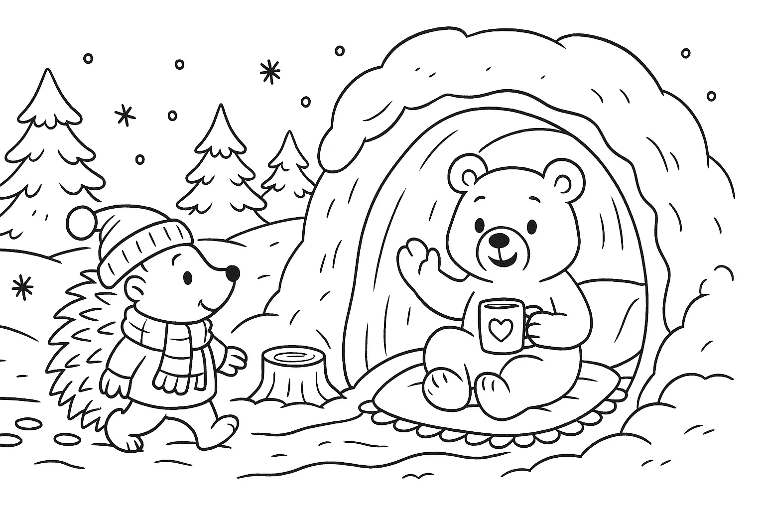 Friendship in the Snow – Hedgehog & Bear Coloring Page