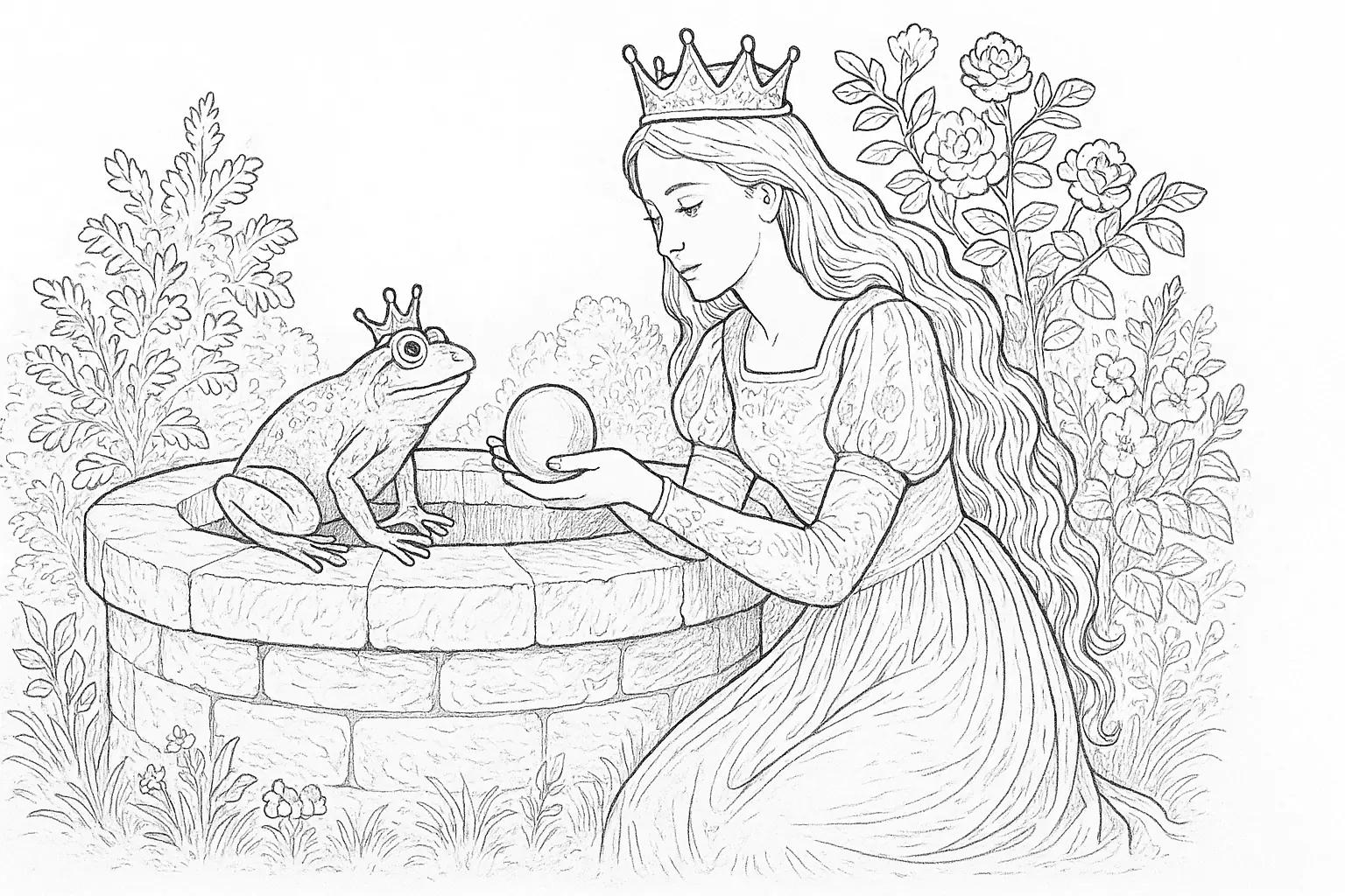 Frog Prince with Princess at the Well – Free Coloring Page