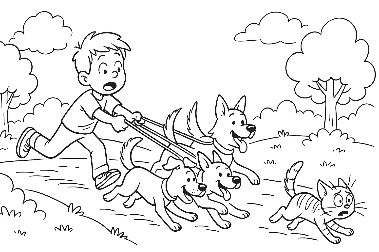 Funny Coloring Page: Dogs, Boy & Running Cat