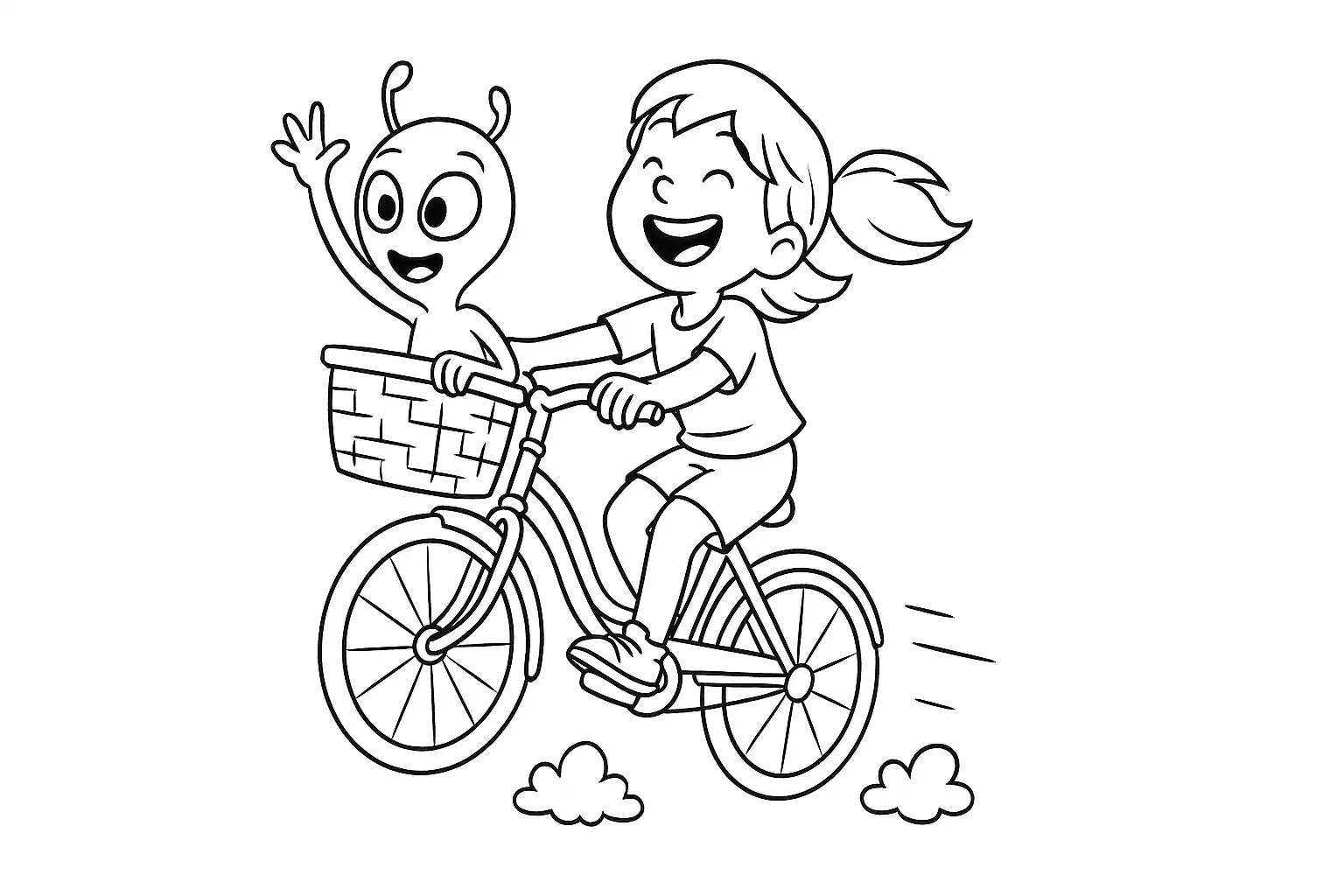 Girl on Bicycle Coloring Page – Alien Friend in Basket