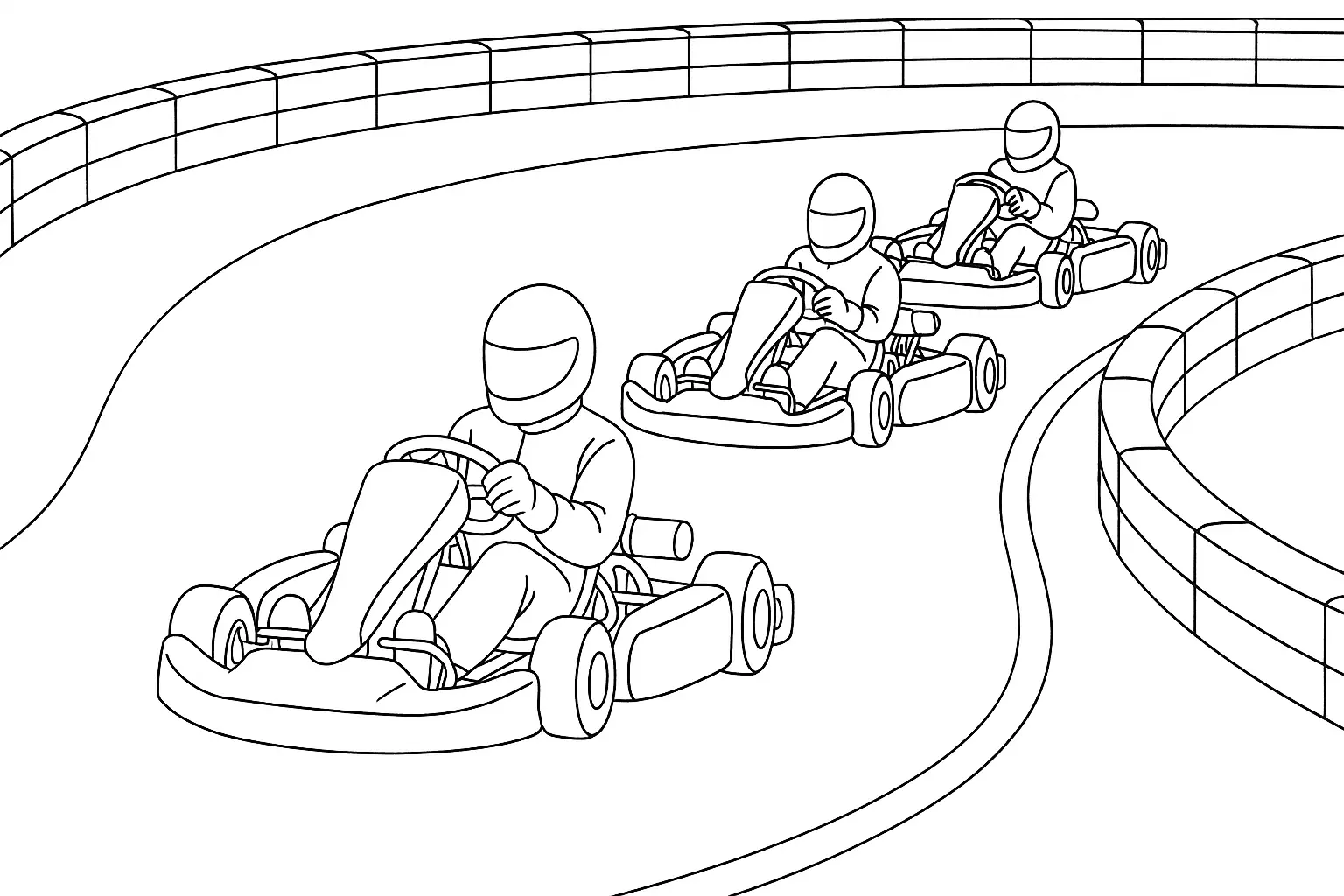 Go-Kart Race Coloring Page: Three Karts on the Track