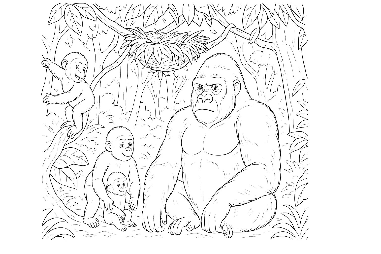 Gorilla Family Coloring Page for Kids