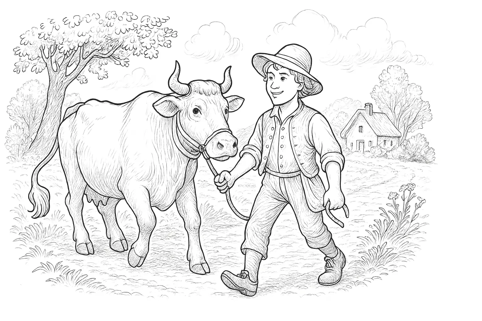 Hans in Luck – Coloring Page with Cow & Boy