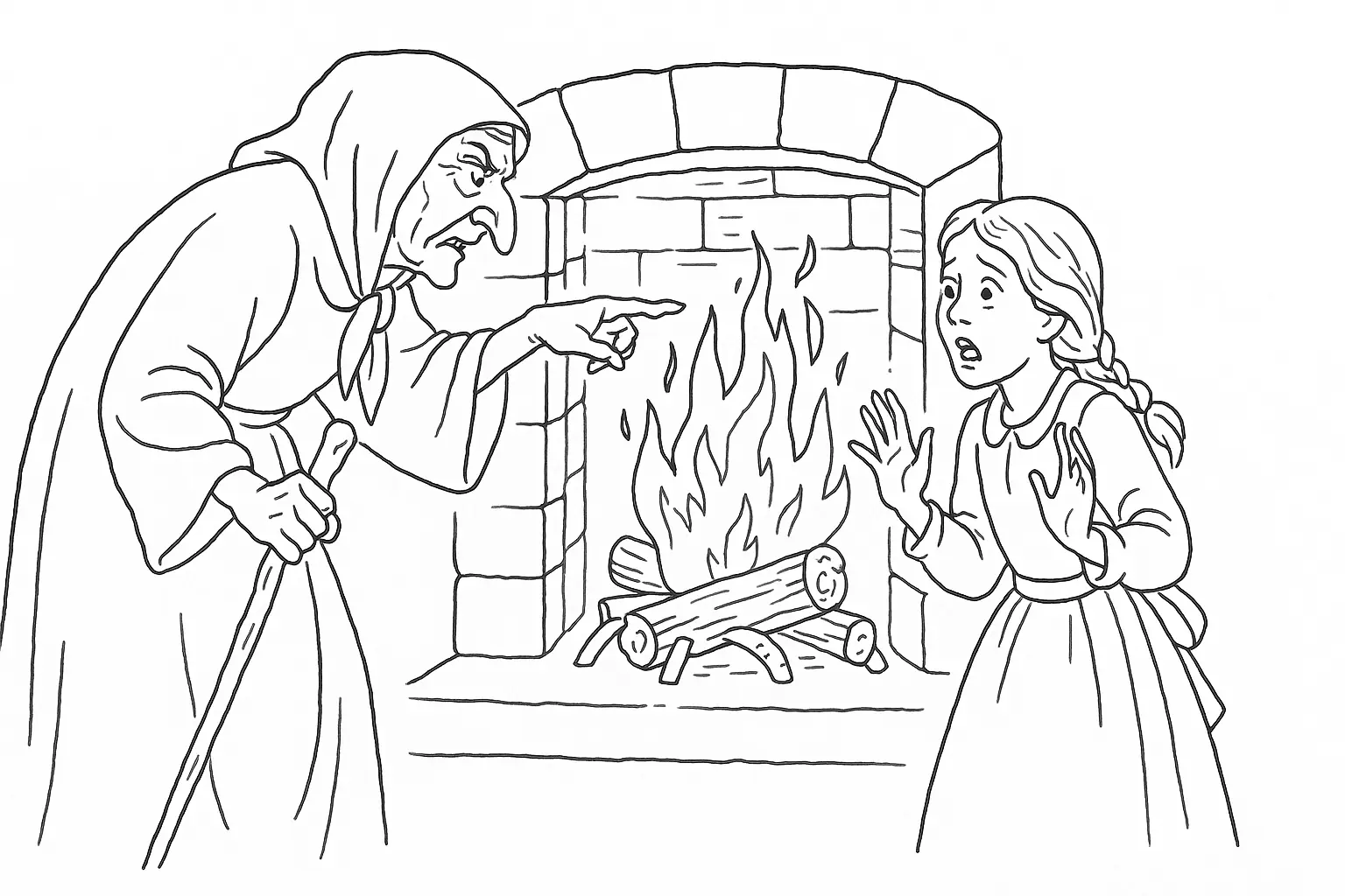 Hansel & Gretel Coloring Page: Witch at Fireplace – Free PDF