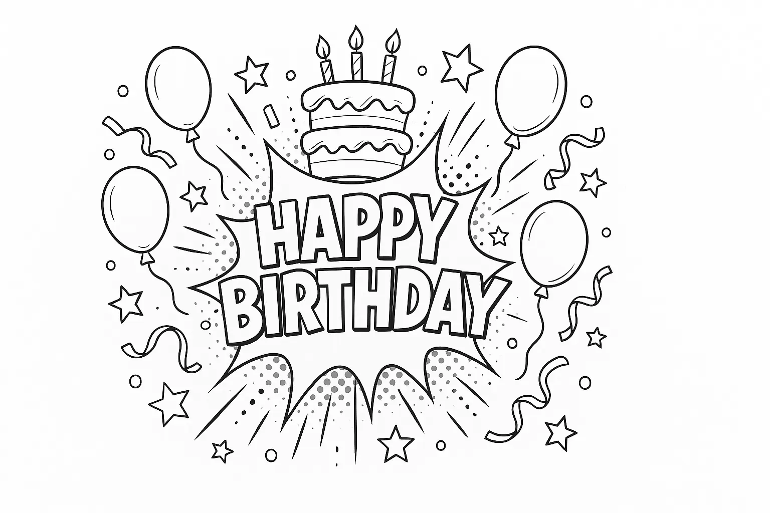 Happy Birthday Coloring Page – Cake, Candles & Decor
