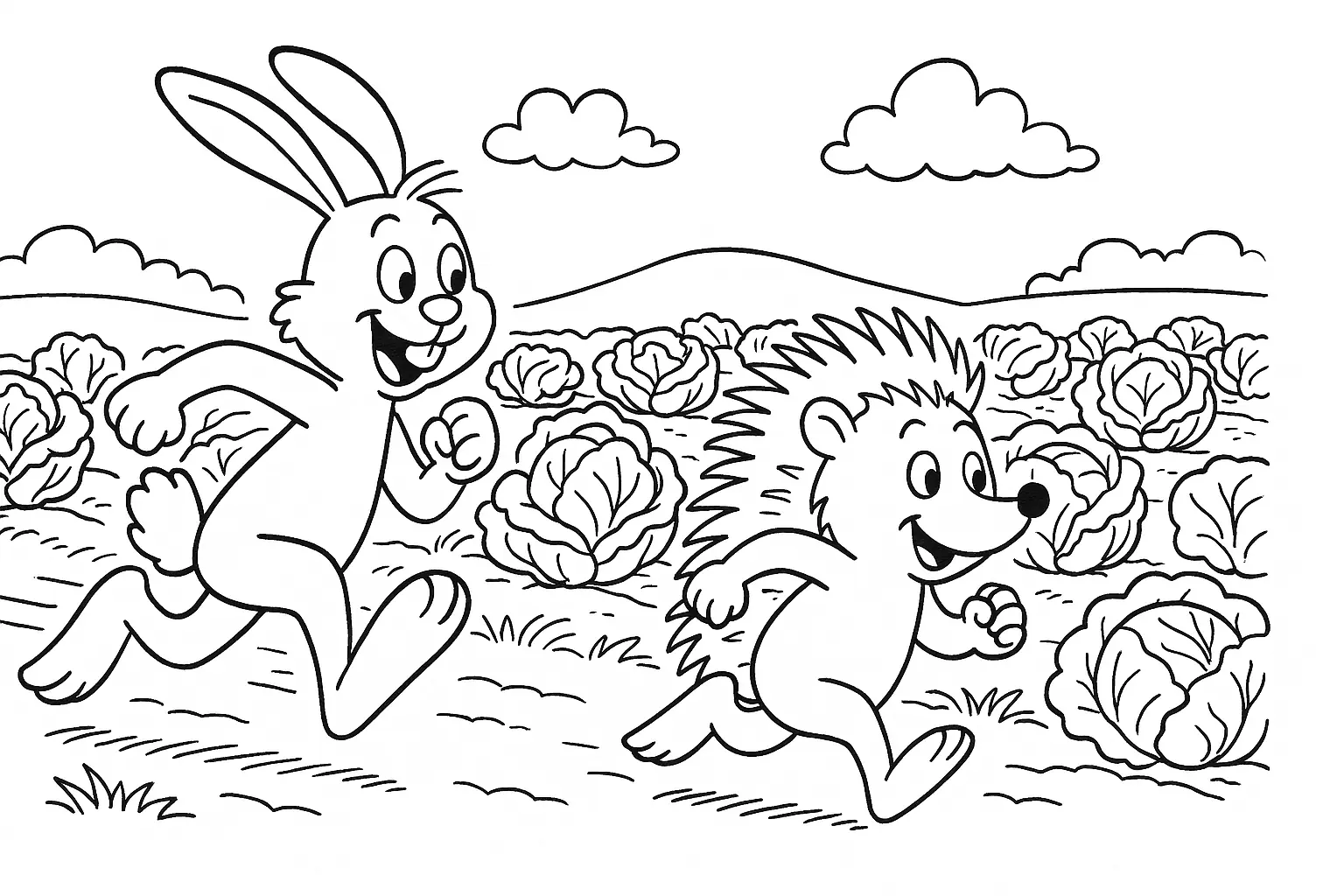 Hare and Hedgehog Racing – Free Coloring Page