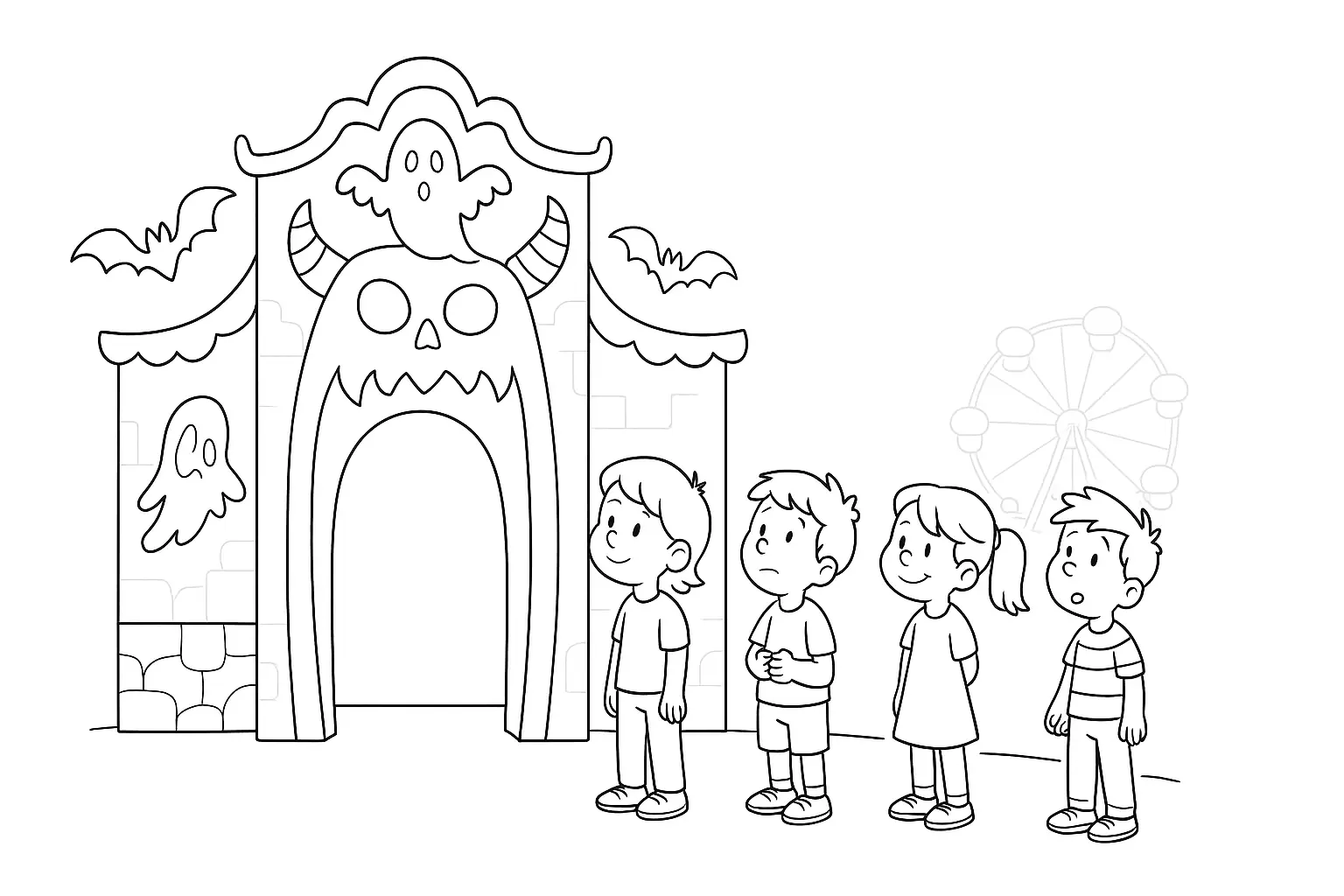 Haunted House with Kids – Free Coloring Page
