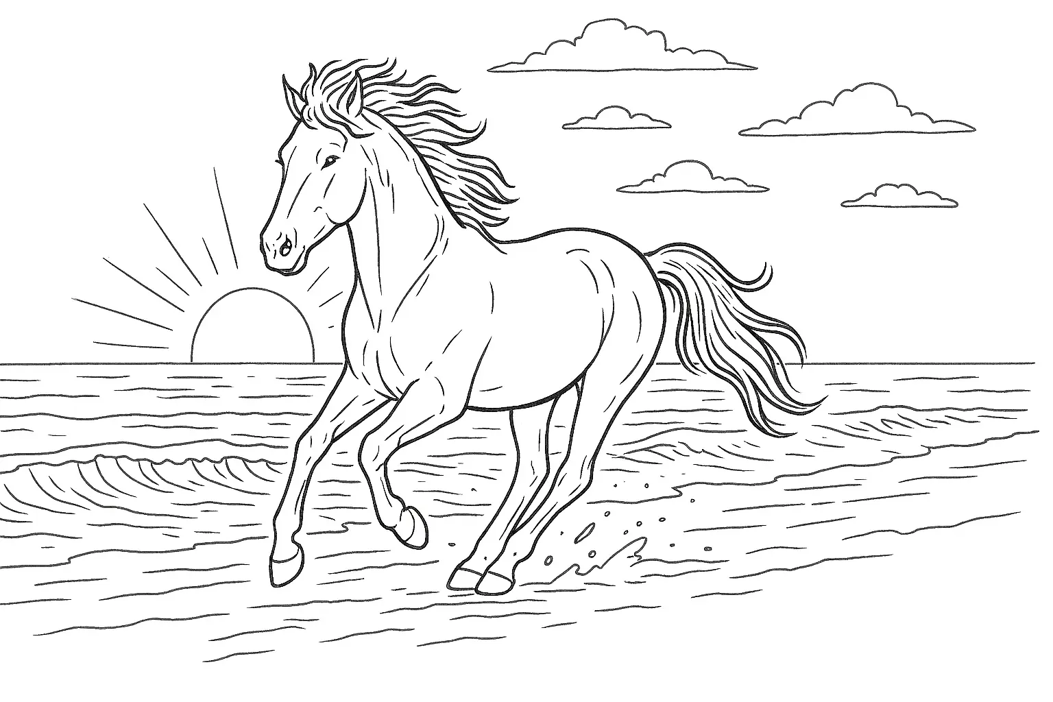 Horse on the Beach – Coloring Page with Sunset