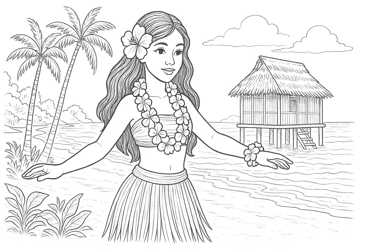 Hula Dancer on the Beach – Island Vibes Coloring Page