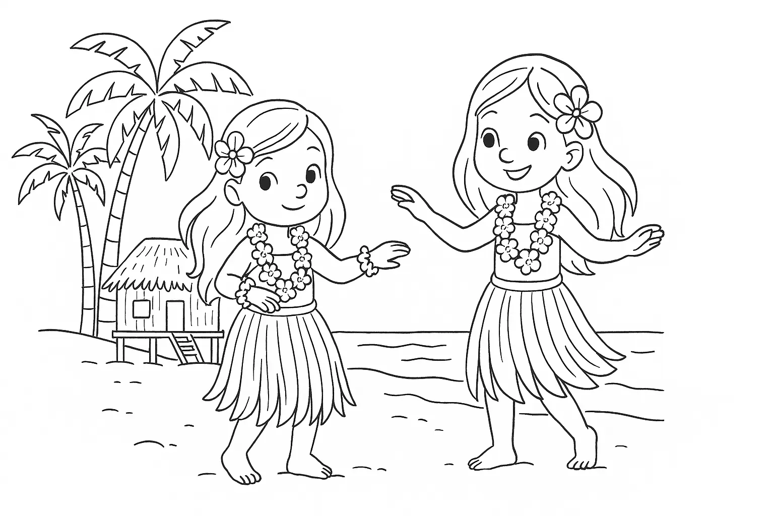 Hula Dancers Coloring Page – Palms & Sea