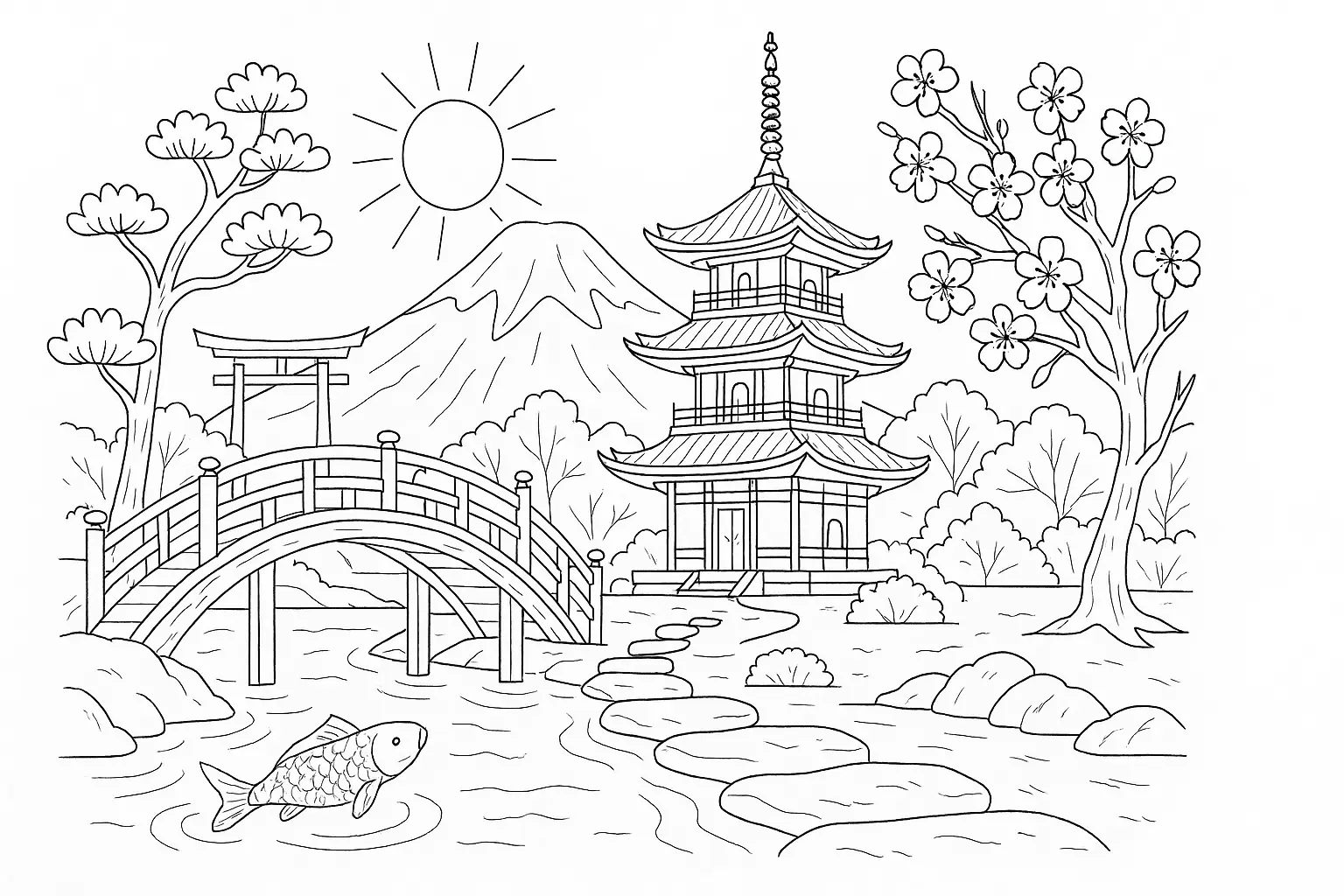 Japanese Garden – Coloring Page with Pagoda & Carp