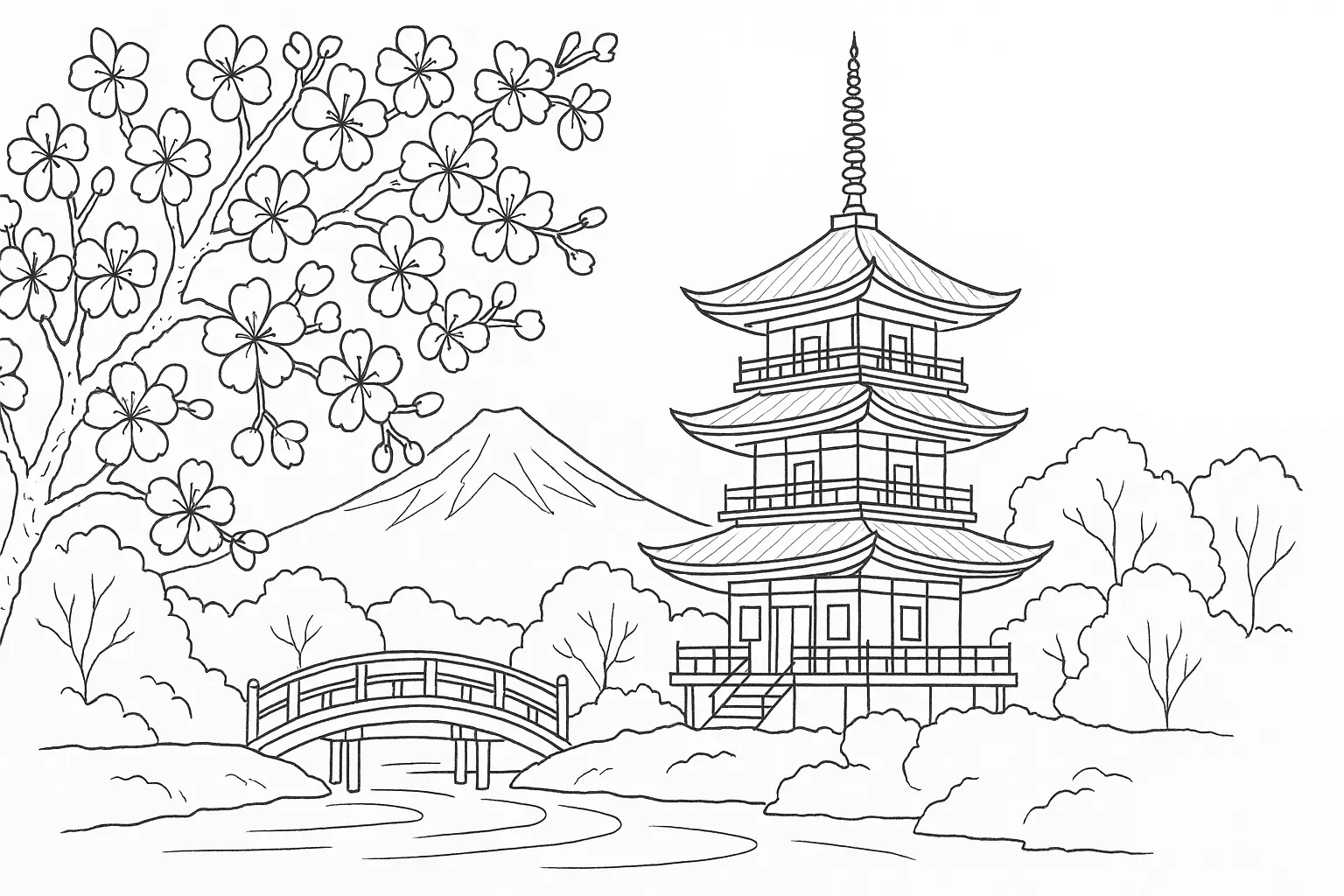 Japanese Pagoda with Fuji & Cherry Blossoms – Coloring Page