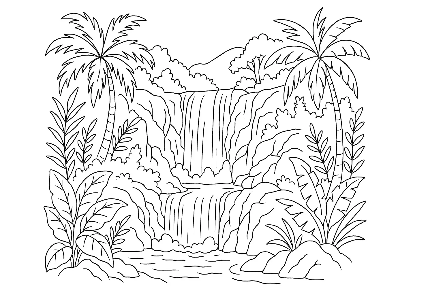 Jungle Waterfall – Tropical Coloring Page