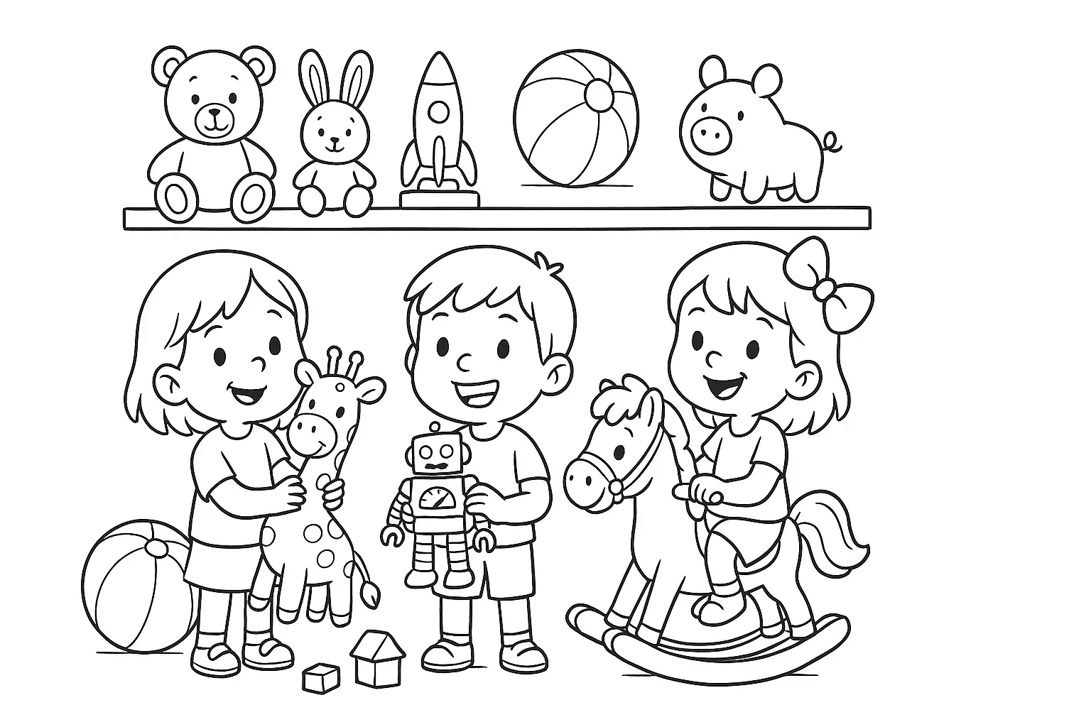 Kids at Play – Cheerful Coloring Page with Toys