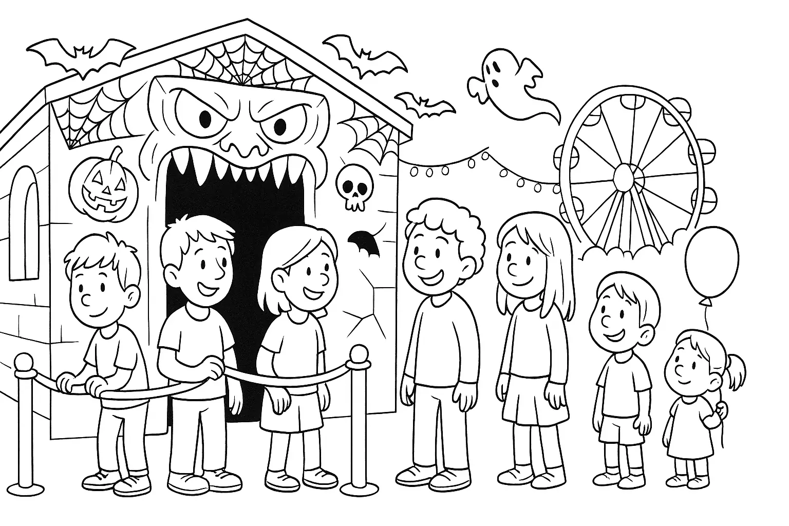 Kids at the Ghost Train – Coloring Page for Children