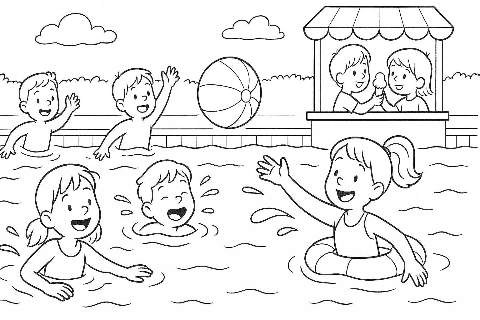 Kids at the Swimming Pool – Free Coloring Page