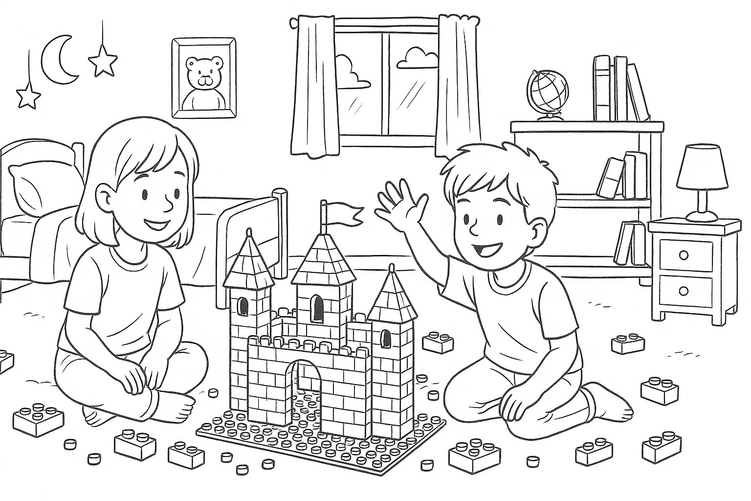 Kids Build a Castle from Blocks – Coloring Page PDF