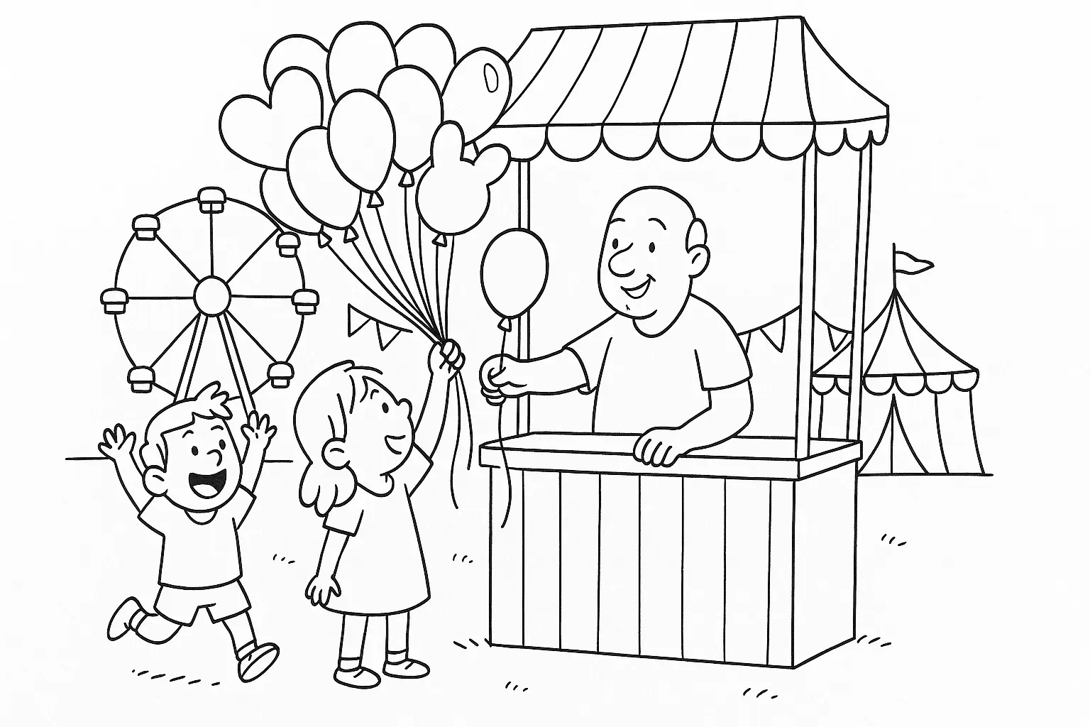 Kids Enjoy Balloons – Fairground Coloring Page