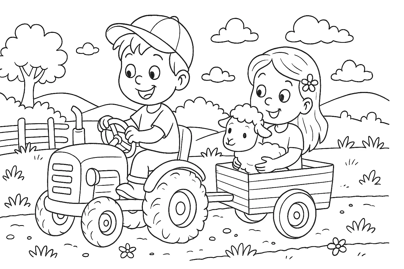 Kids on a Tractor – Free Farm Coloring Page