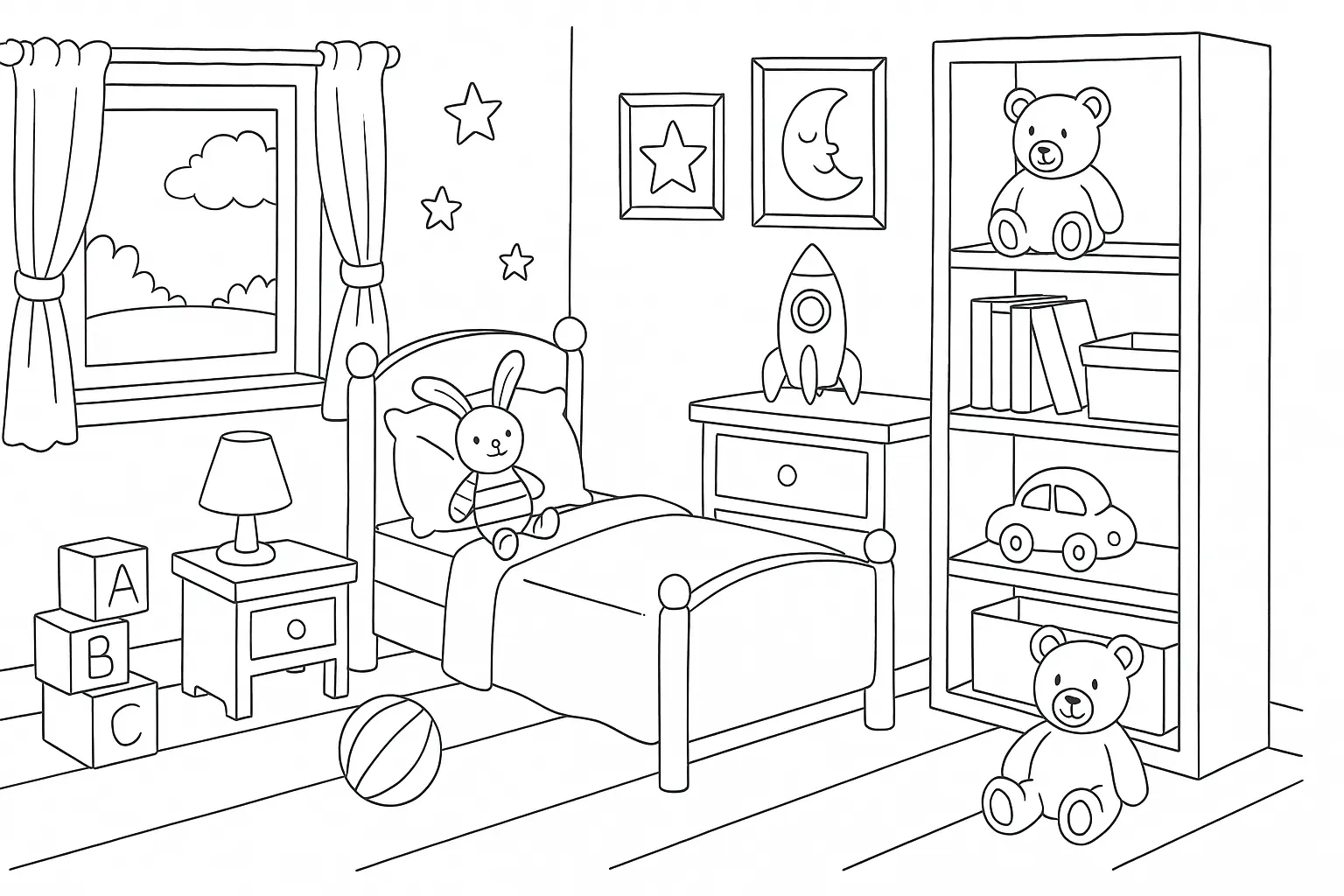 Kids’ Room with Toys – Coloring Page PDF