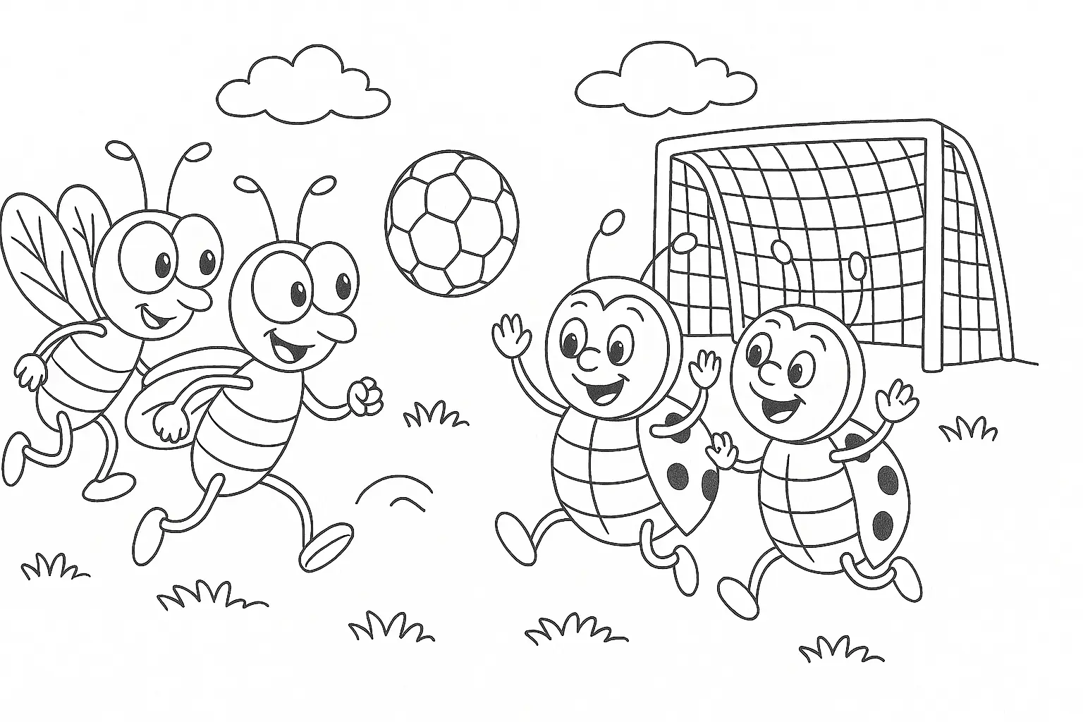 Ladybugs and Bees Play Soccer – Fun Coloring Page