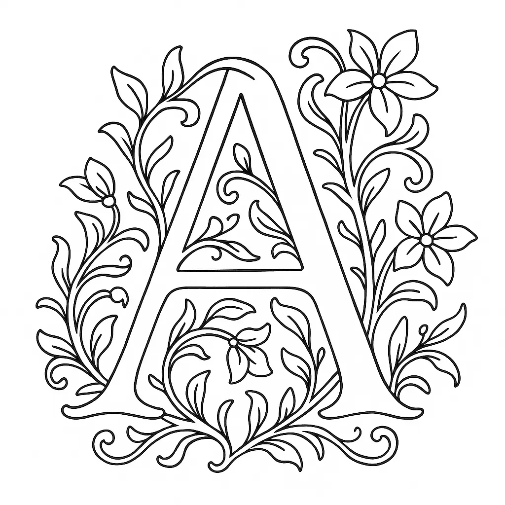 Letter A Coloring Page with Flowers – PDF Template