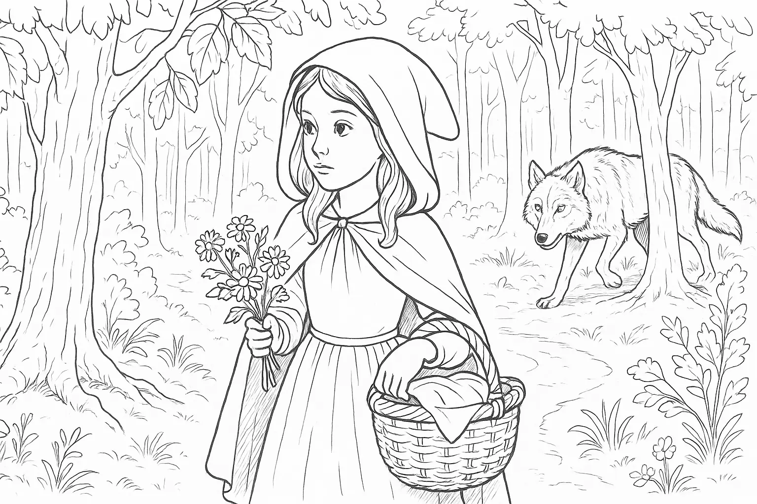 Little Red Riding Hood in the Forest with Wolf