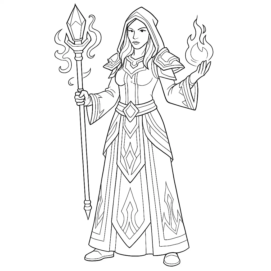 Mage with Fire – Coloring Page with Wand & Crystal