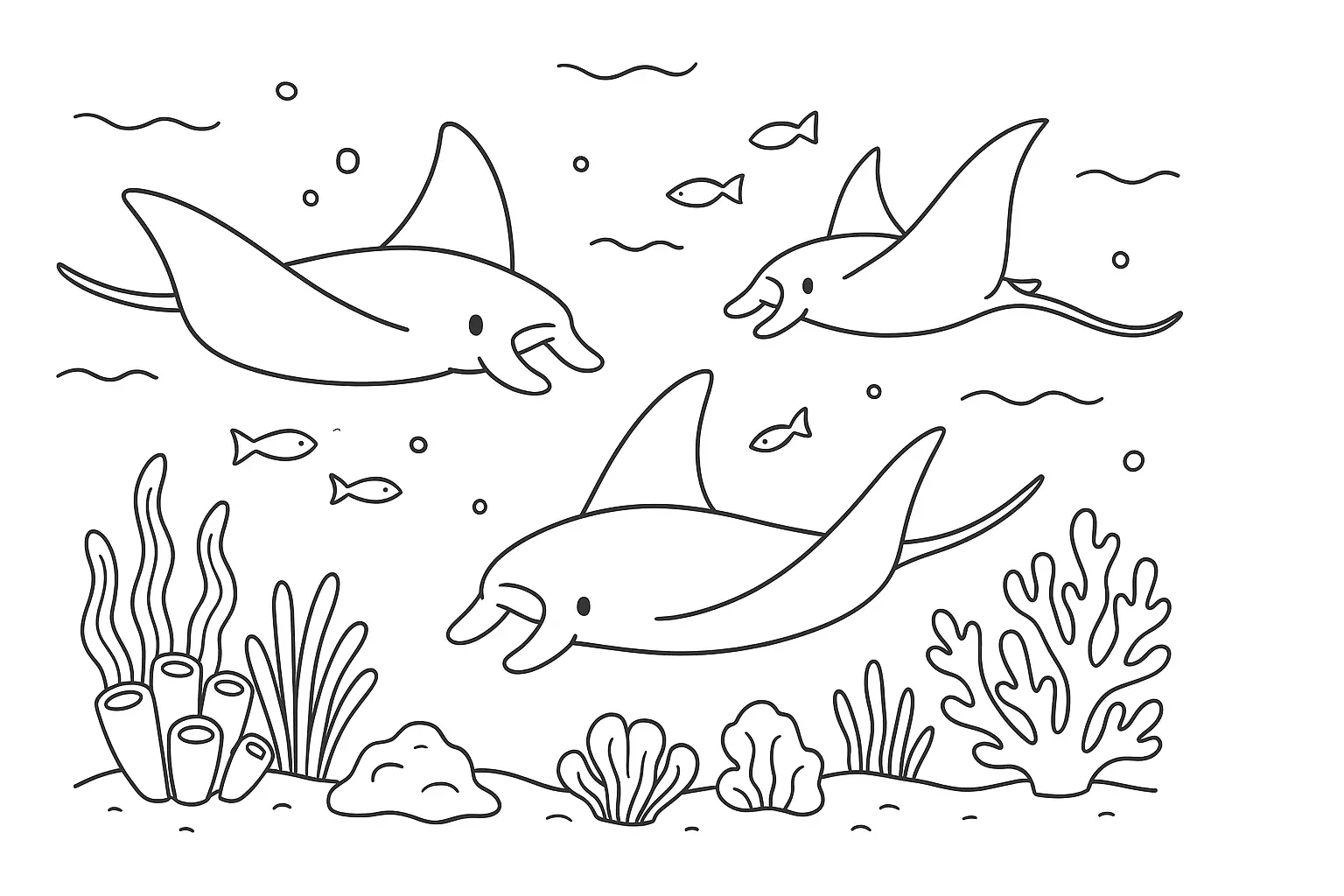 Manta Rays in the Reef – Coloring Page with Sea Life