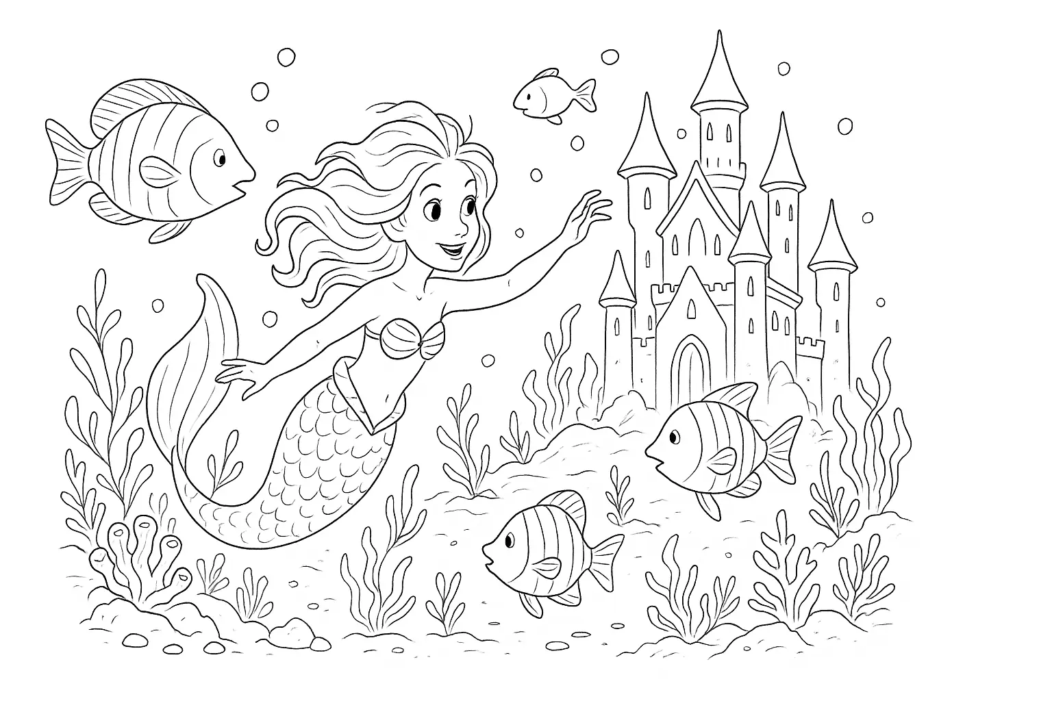 Mermaid in Front of a Castle – Free Coloring Page