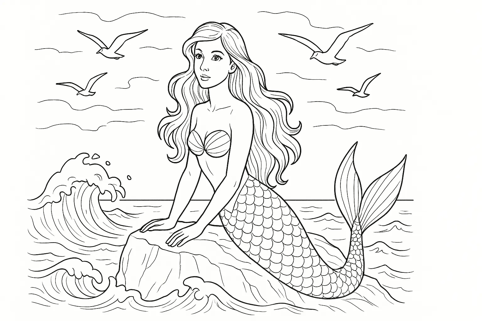 Mermaid on Rock – Calm Sea Coloring Page