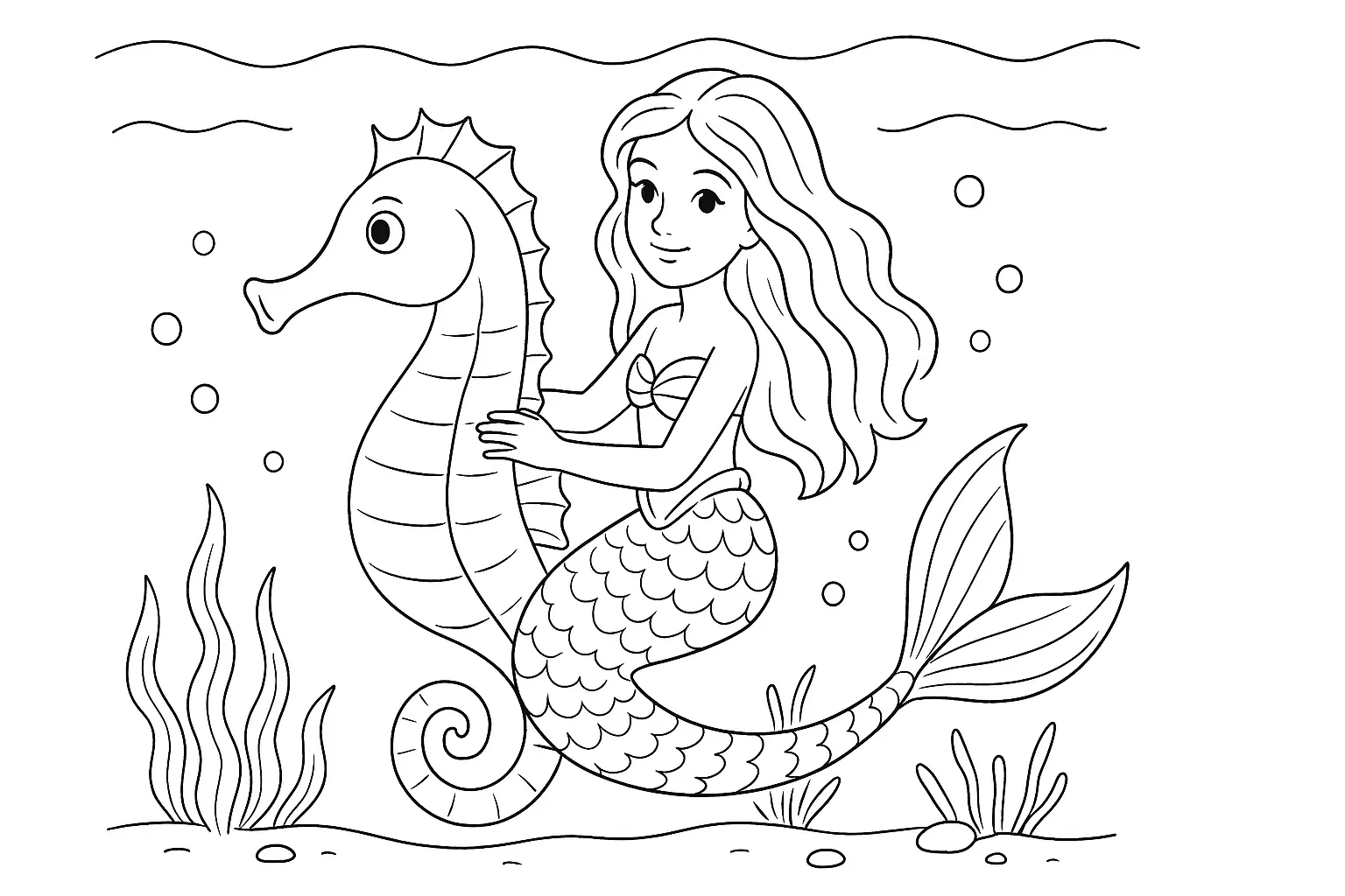 Mermaid on Seahorse – Coloring Page to Print