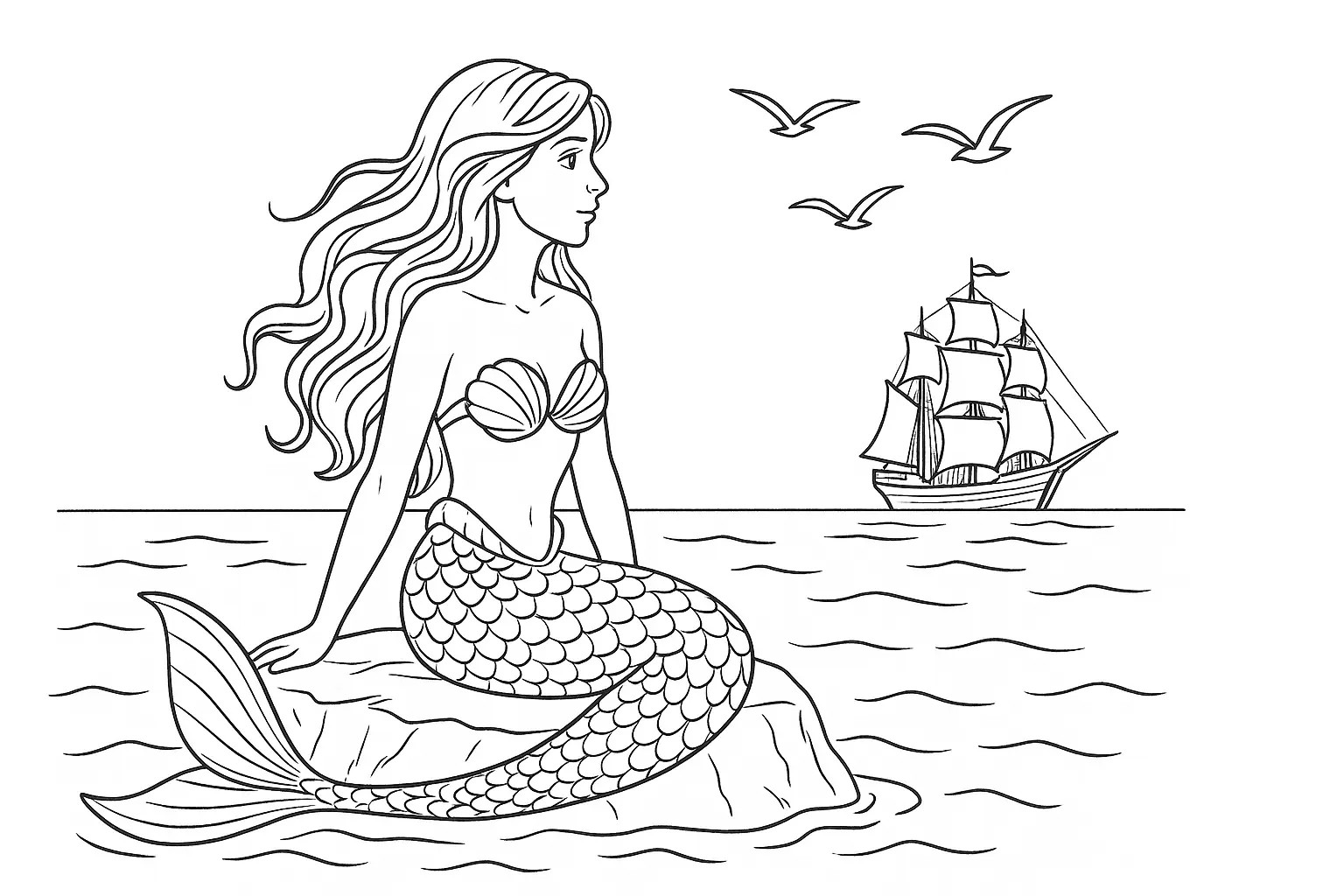 Mermaid on the Rock – Free Coloring Page